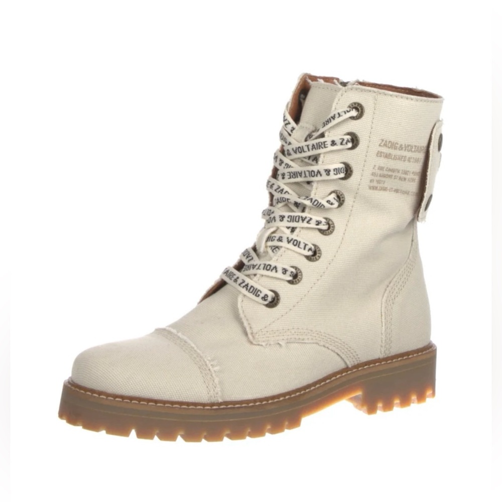 Zadig & Voltaire Beige Canvas Lace-Up Combat Boots - Picture 2 of 5